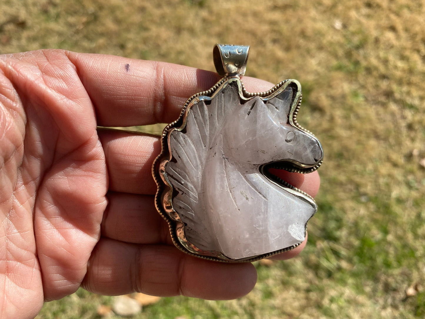 Large Carved Rose Quartz Horse Head Tibetan Silver Pendant, Horse Jewelry, Animal Lovers Jewelry, Metaphysical Stone Pendant, Unicorn, Boho