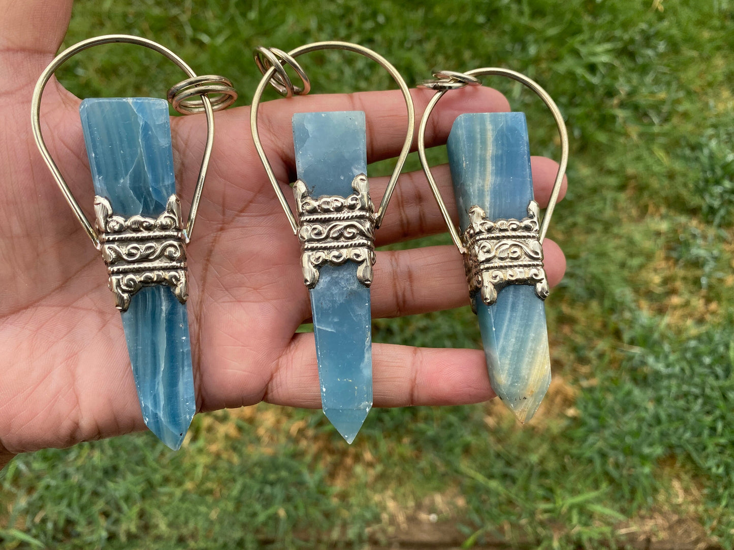 Large Chalcedony Natural Stone Tibetan Silver Pendant, Stone Of Nurture, Obelisk Point, Handcrafted Jewelry, Serenity Stone, Unique Jewelry