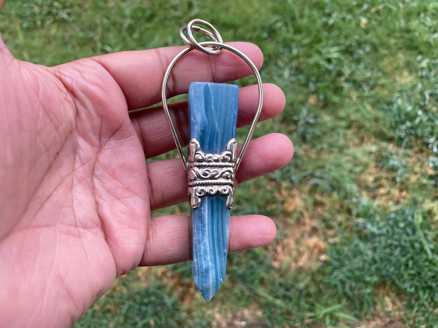 Large Chalcedony Natural Stone Tibetan Silver Pendant, Stone Of Nurture, Obelisk Point, Handcrafted Jewelry, Serenity Stone, Unique Jewelry