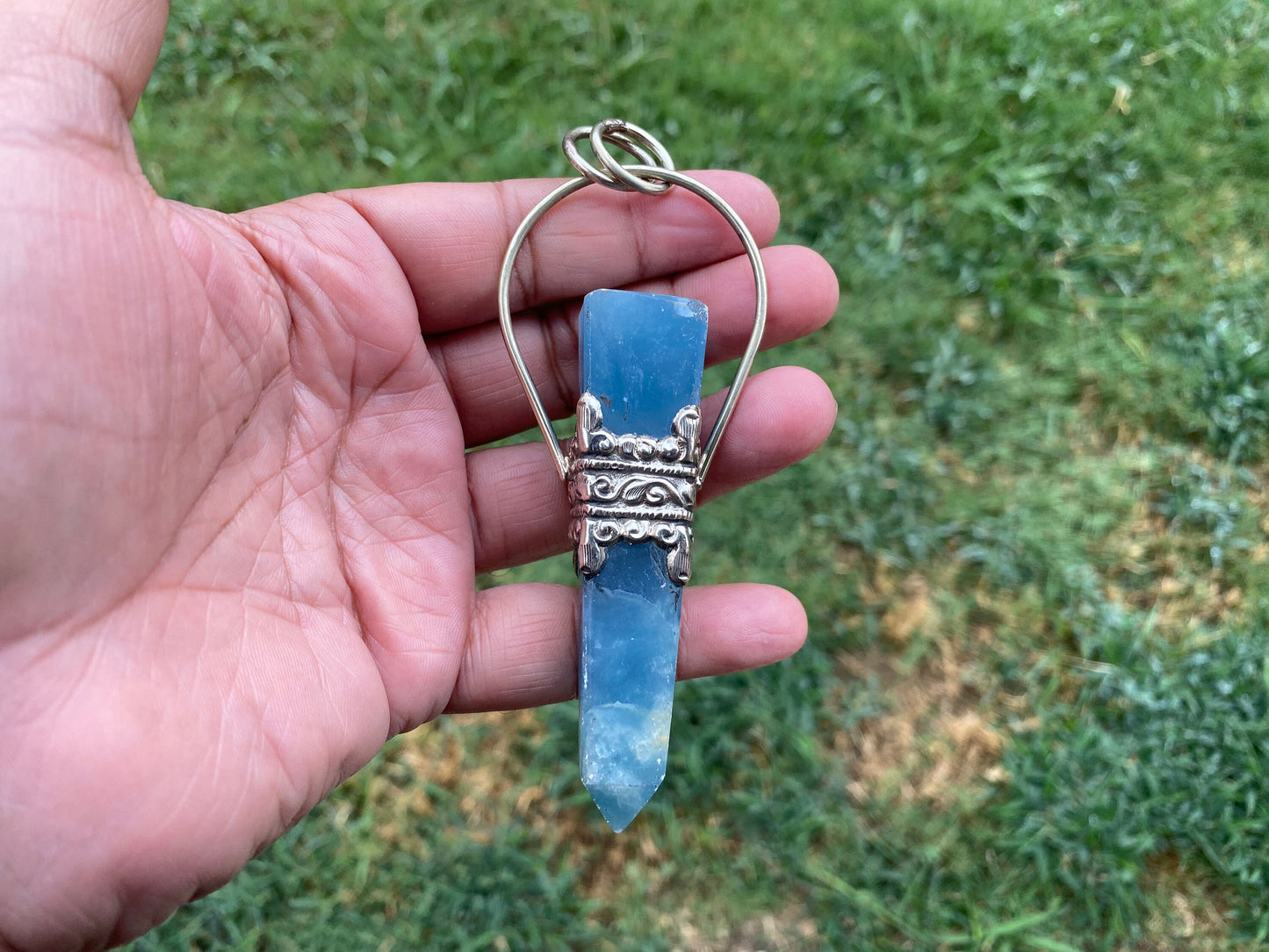 Large Chalcedony Natural Stone Tibetan Silver Pendant, Stone Of Nurture, Obelisk Point, Handcrafted Jewelry, Serenity Stone, Unique Jewelry