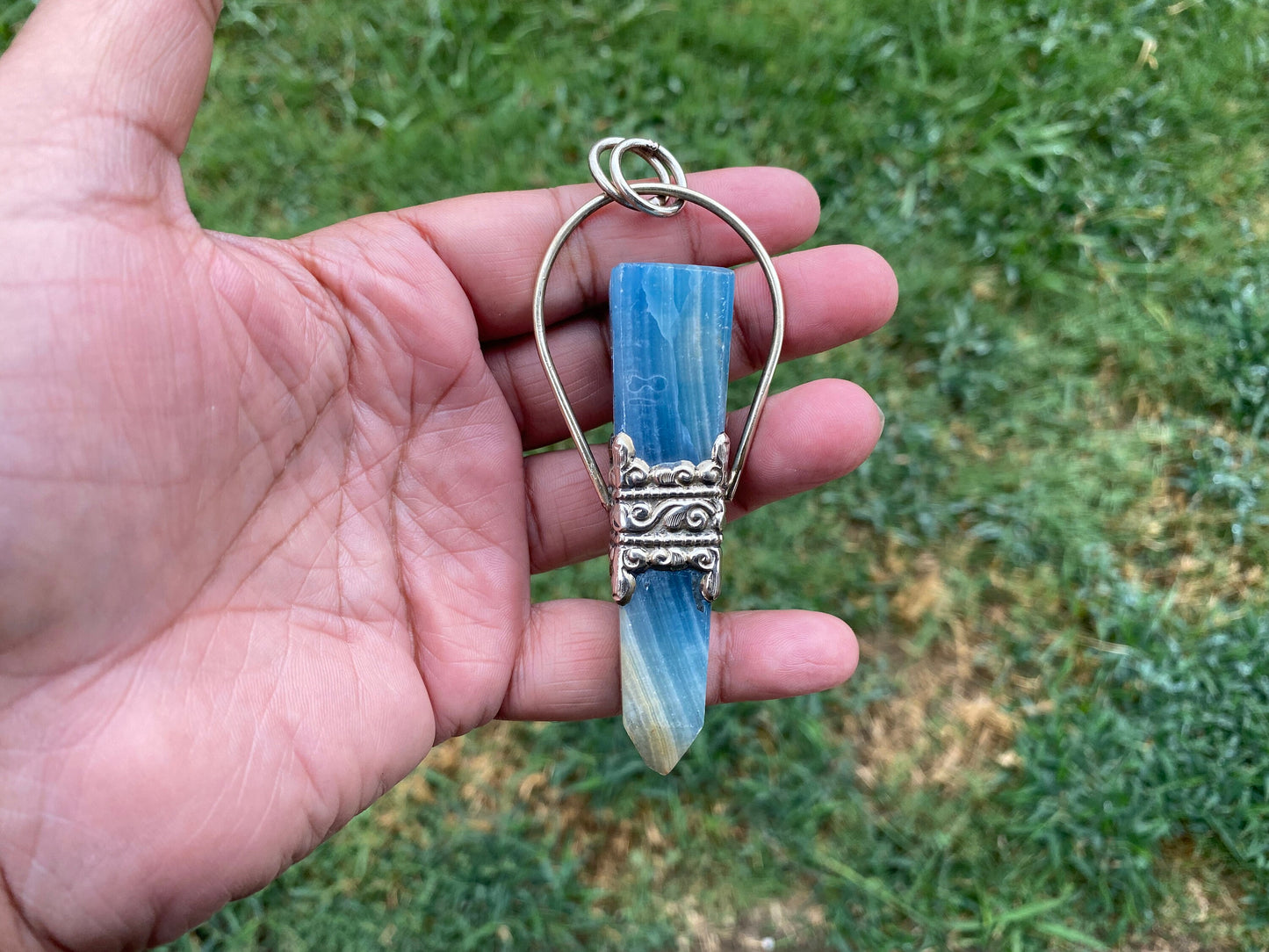 Large Chalcedony Natural Stone Tibetan Silver Pendant, Stone Of Nurture, Obelisk Point, Handcrafted Jewelry, Serenity Stone, Unique Jewelry