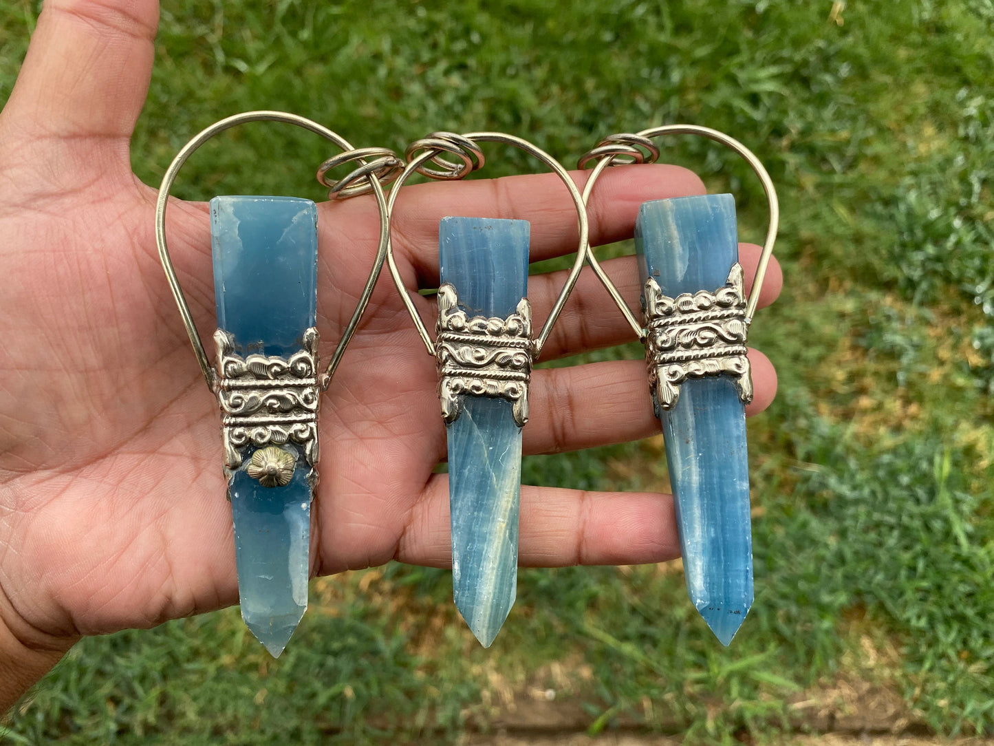 Large Chalcedony Natural Stone Tibetan Silver Pendant, Terminated Wand, Obelisk Point, Handcrafted Jewelry, Serenity Stone, Unique Jewelry