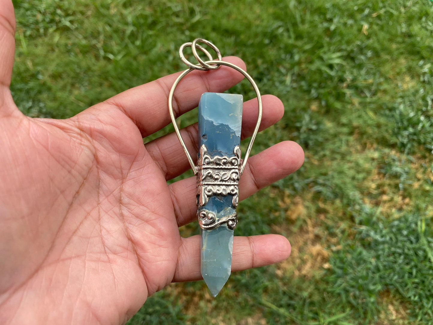 Large Chalcedony Natural Stone Tibetan Silver Pendant, Terminated Wand, Obelisk Point, Handcrafted Jewelry, Serenity Stone, Unique Jewelry