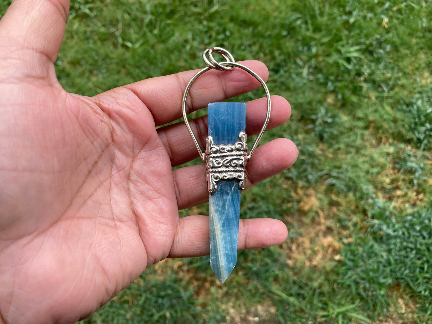 Large Chalcedony Natural Stone Tibetan Silver Pendant, Terminated Wand, Obelisk Point, Handcrafted Jewelry, Serenity Stone, Unique Jewelry