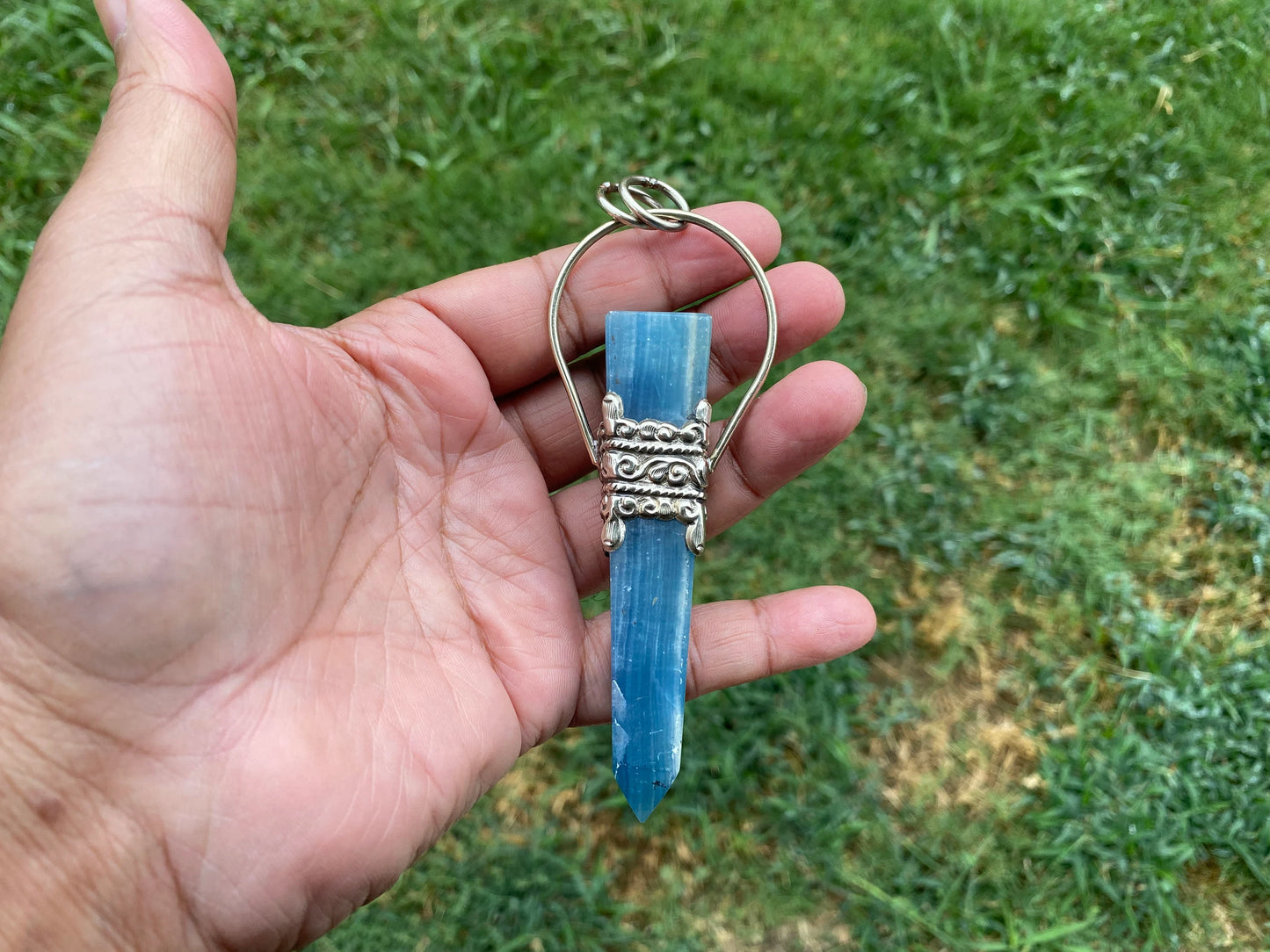 Large Chalcedony Natural Stone Tibetan Silver Pendant, Terminated Wand, Obelisk Point, Handcrafted Jewelry, Serenity Stone, Unique Jewelry