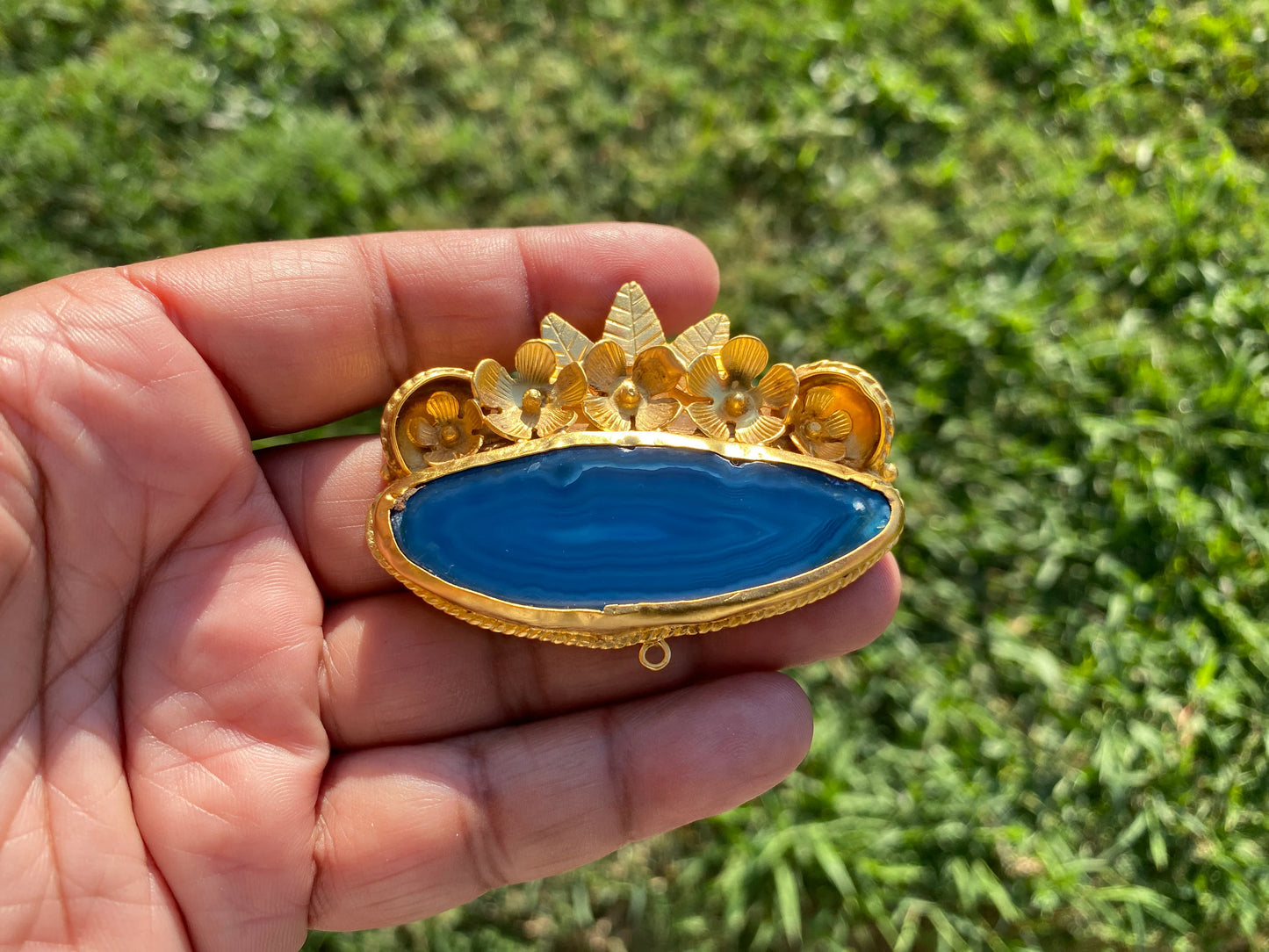 Large Colorful Slice Agate Pendant, 18K Brushed Gold Overlay, Flower Design Pendant For Necklace, Healing Crystal Jewelry, Druzy Slice Agate