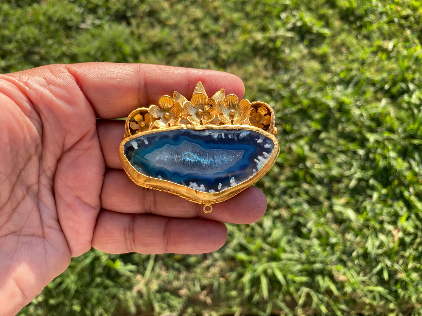 Large Colorful Slice Agate Pendant, 18K Brushed Gold Overlay, Flower Design Pendant For Necklace, Healing Crystal Jewelry, Druzy Slice Agate