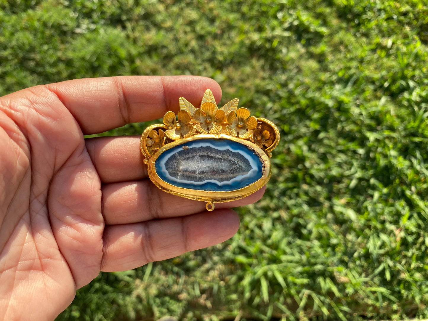 Large Colorful Slice Agate Pendant, 18K Brushed Gold Overlay, Flower Design Pendant For Necklace, Healing Crystal Jewelry, Druzy Slice Agate