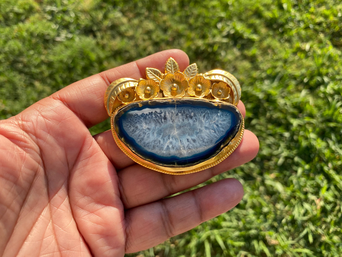 Large Colorful Slice Agate Pendant, Brushed Gold Overlay, Flower Design Pendant For Necklace, Healing Crystal Jewelry, Unique Craftsmanship