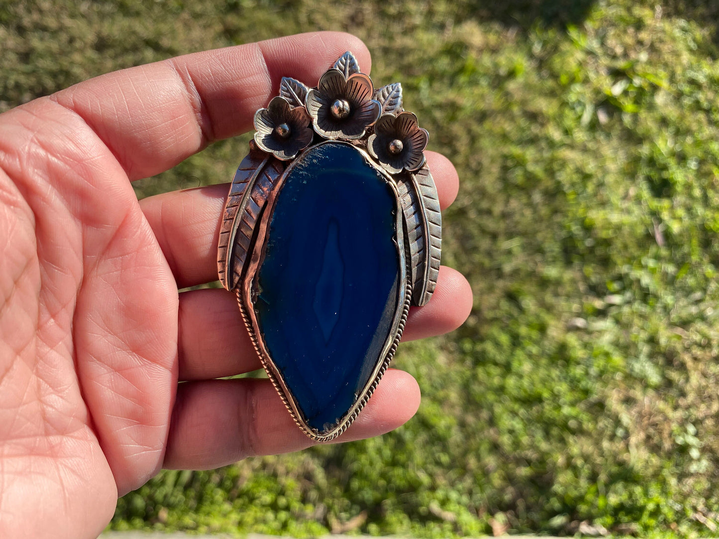 Large Colorful Slice Agate Tibetan Silver Pendant, Flower Design Pendant For Necklace, Healing Crystal Jewelry, Agate Geode Slice Pendant