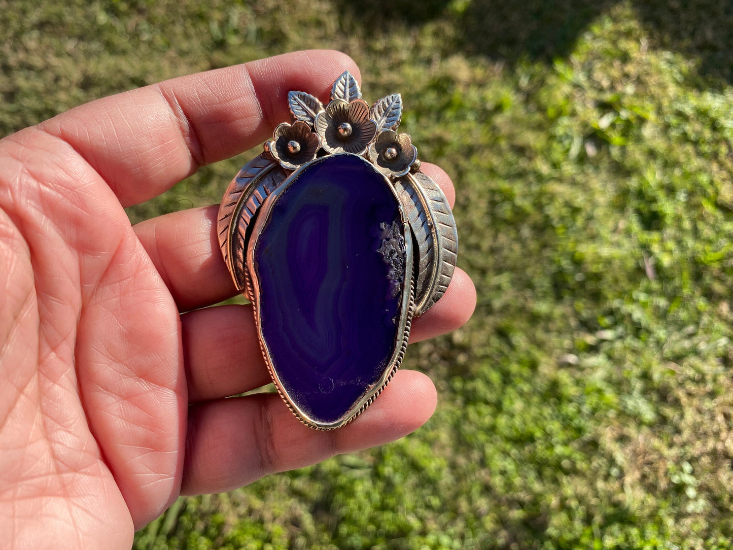 Large Colorful Slice Agate Tibetan Silver Pendant, Flower Design Pendant For Necklace, Healing Crystal Jewelry, Agate Geode Slice Pendant