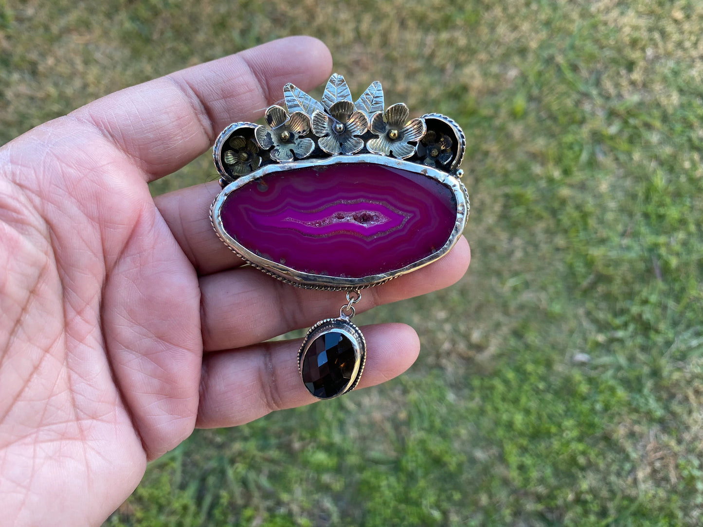 Large Colorful Slice Agate with Smoky Quartz Tibetan Silver Pendant, Flower Design Pendant For Necklace, Healing Crystal Jewelry