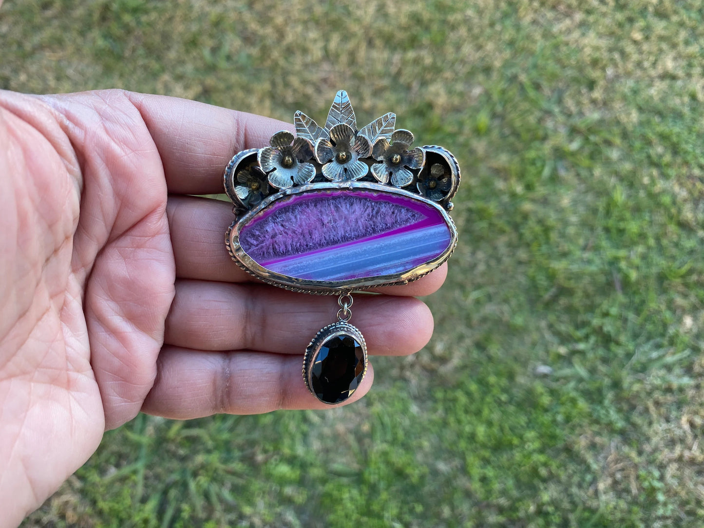 Large Colorful Slice Agate with Smoky Quartz Tibetan Silver Pendant, Flower Design Pendant For Necklace, Healing Crystal Jewelry
