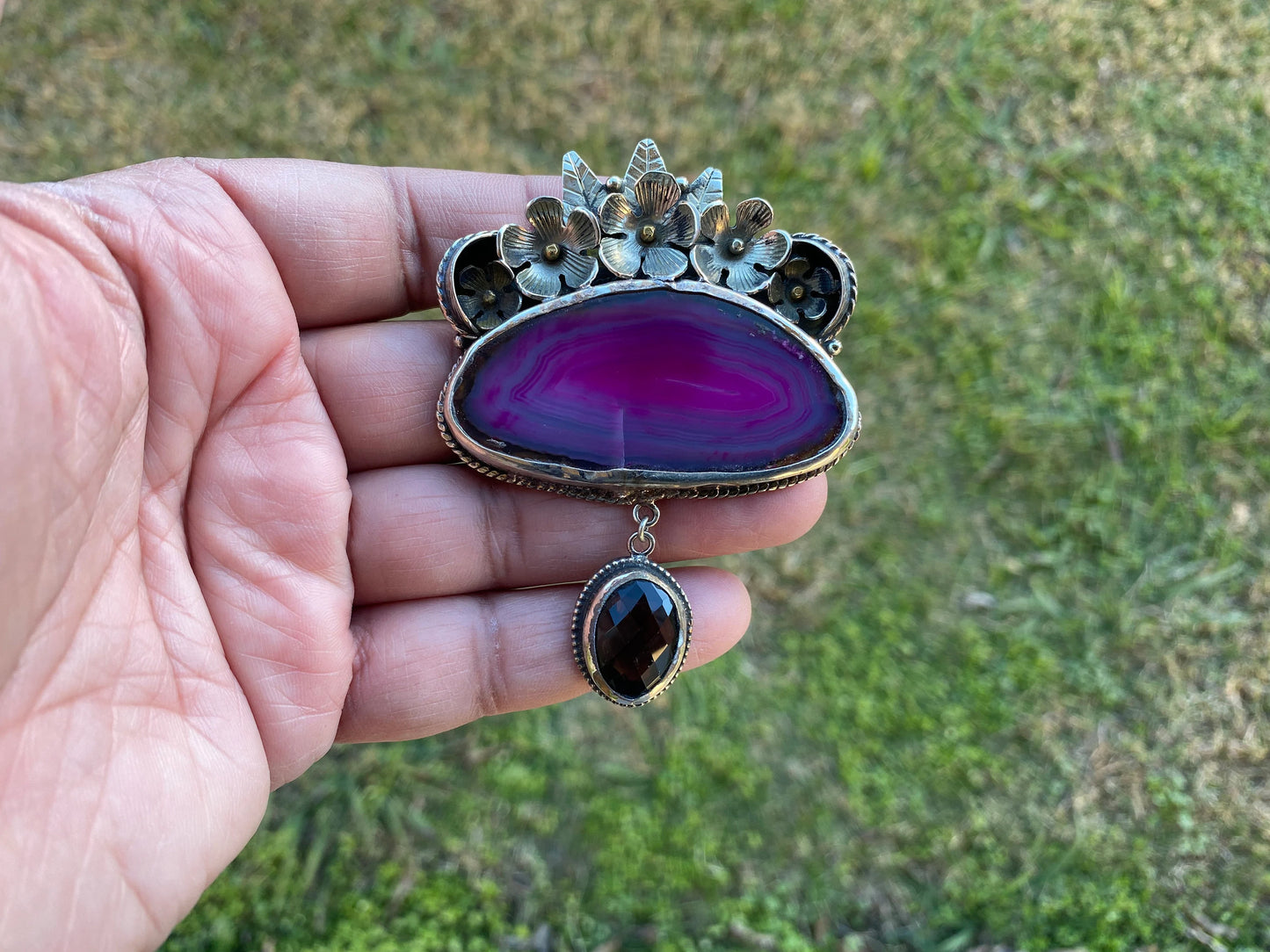 Large Colorful Slice Agate with Smoky Quartz Tibetan Silver Pendant, Flower Design Pendant For Necklace, Healing Crystal Jewelry