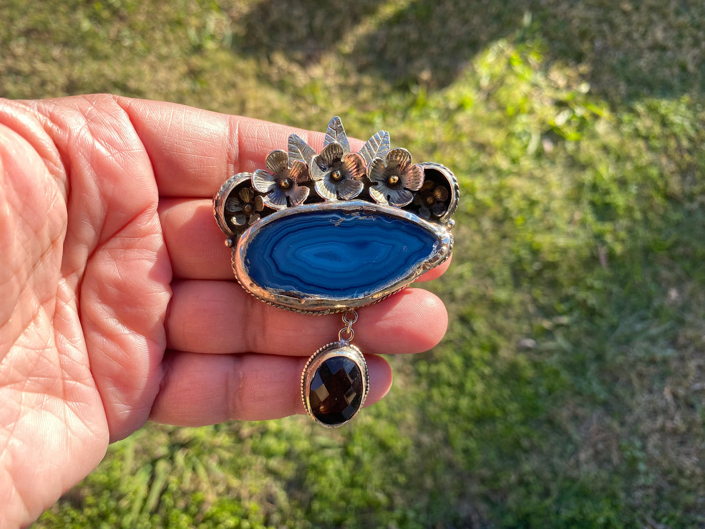 Large Colorful Slice Agate with Smoky Quartz Tibetan Silver Pendant, Flower Design Pendant For Necklace, Healing Crystal Jewelry