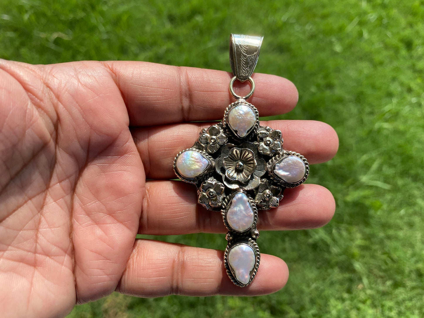 Large Cross Natural Pearl Tibetan Silver Pendant, Christian Religious, Catholic Jewelry, Ornate, Wedding Bridal Rosary, Bible Craft Cross
