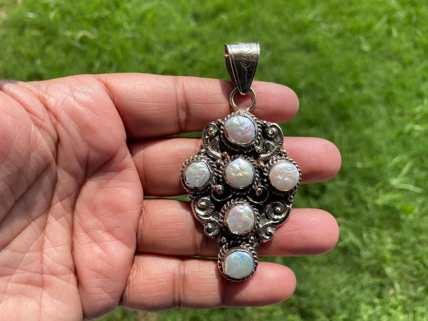 Large Cross Natural Pearl Tibetan Silver Pendant, Christian Religious, Catholic Jewelry, Ornate, Wedding Bridal Rosary, Bible Craft Cross