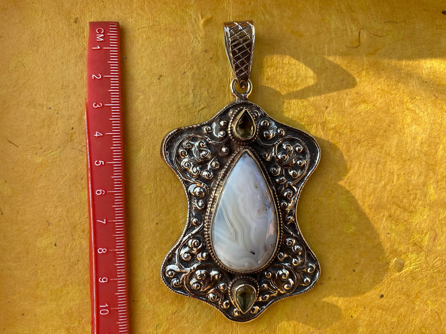 Large Dendritic Agate Pendant, Tibetan Silver Pendant, Citrine Gemstone, Tibetan Pendant, Natural Stone Pendant, Hand Carved Ethnic Pendant