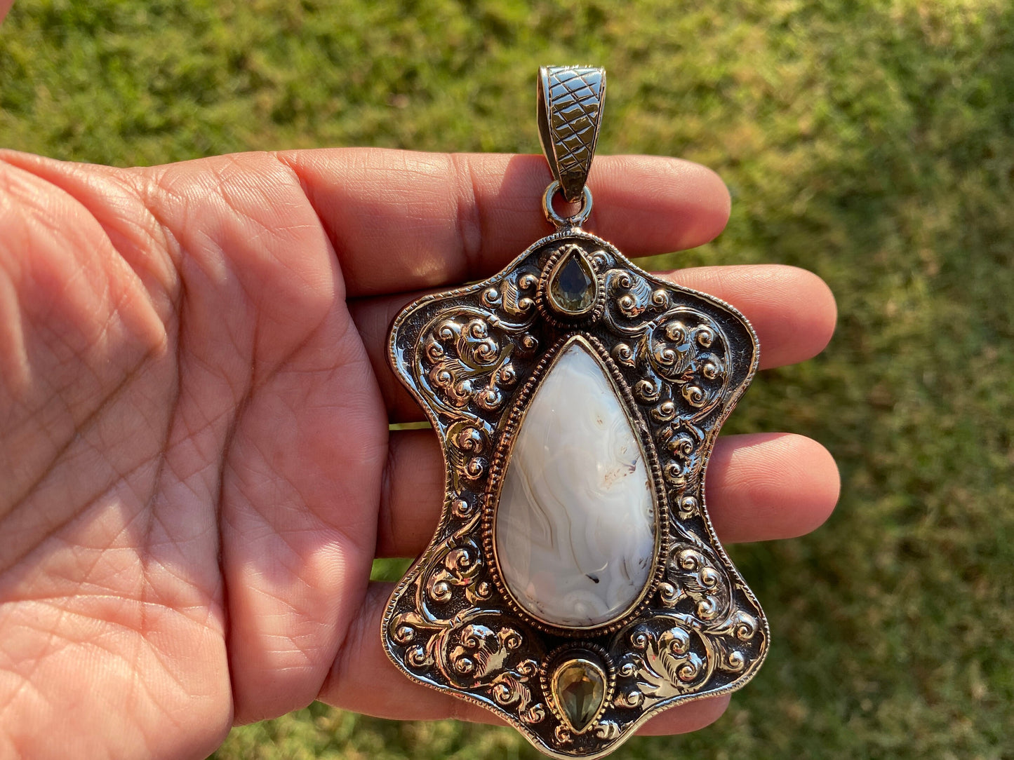 Large Dendritic Agate Pendant, Tibetan Silver Pendant, Citrine Gemstone, Tibetan Pendant, Natural Stone Pendant, Hand Carved Ethnic Pendant