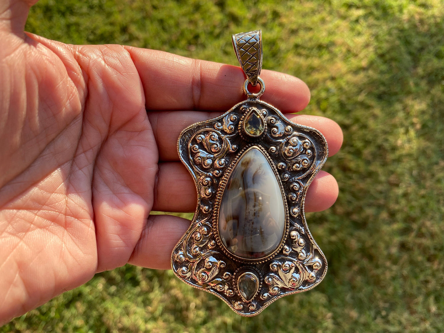 Large Dendritic Agate Pendant, Tibetan Silver Pendant, Citrine Gemstone, Tibetan Pendant, Natural Stone Pendant, Hand Carved Ethnic Pendant