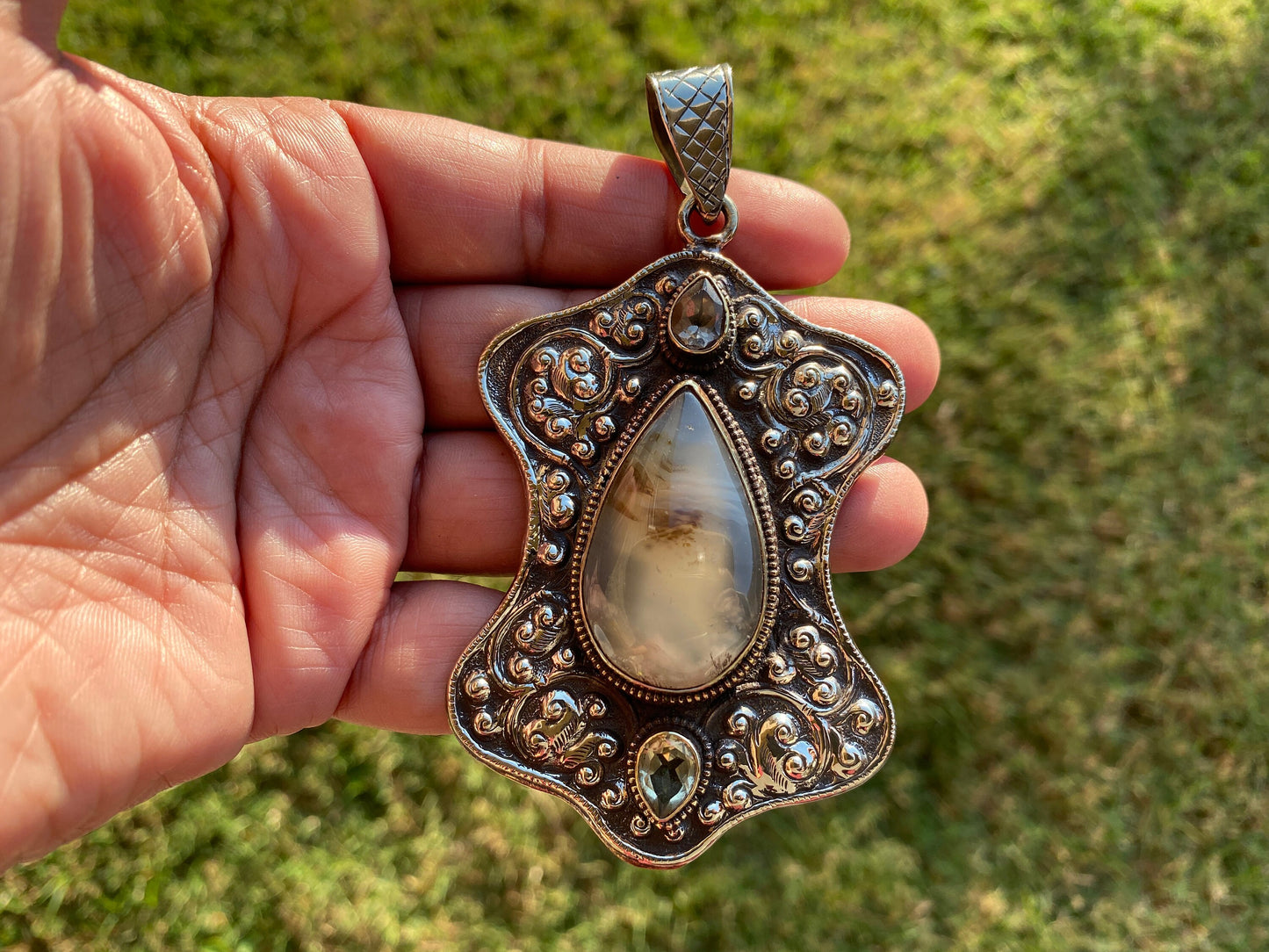 Large Dendritic Agate Pendant, Tibetan Silver Pendant, Citrine Gemstone, Tibetan Pendant, Natural Stone Pendant, Hand Carved Ethnic Pendant
