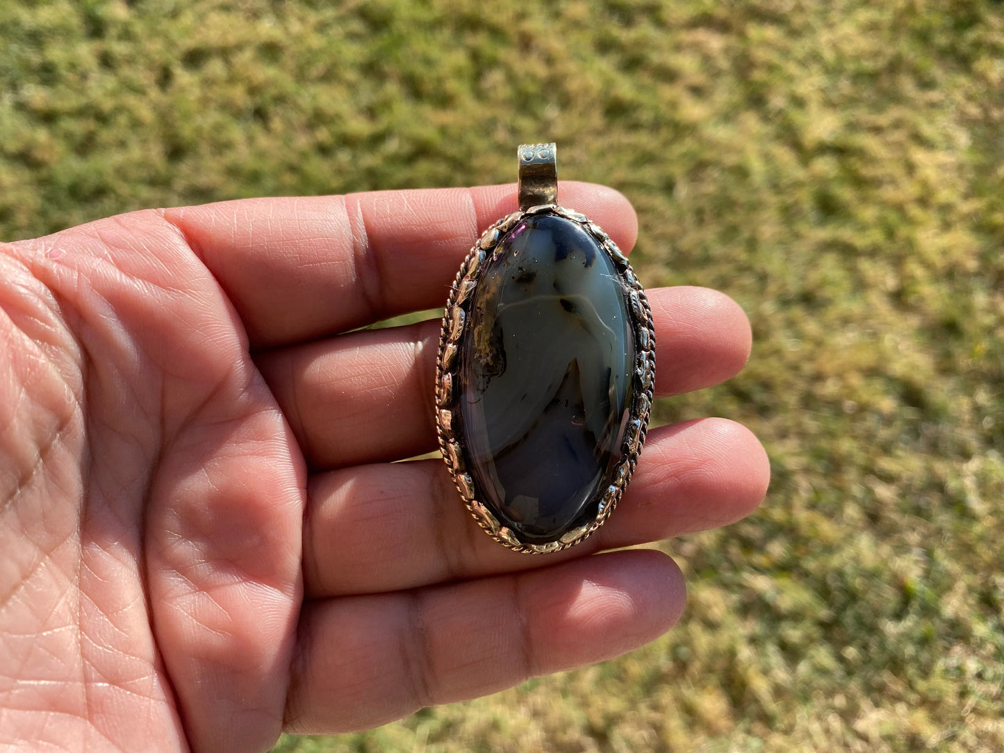 Large Dendritic Scenic Agate Natural Gemstone, Tibetan Silver Pendant, Handcrafted Jewelry, Natural Stone Jewelry, Pendant for Necklace