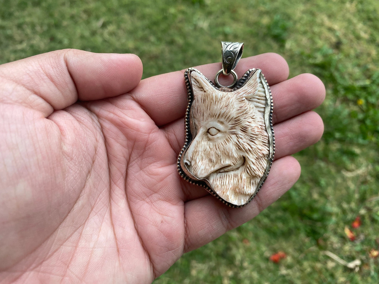 Large Dog Hand Carved Bone Tibetan Silver Pendant, Pet Lovers Jewelry, Best Cute Gift, Pet Memorial Jewelry, Christmas Gift for Pet Lover