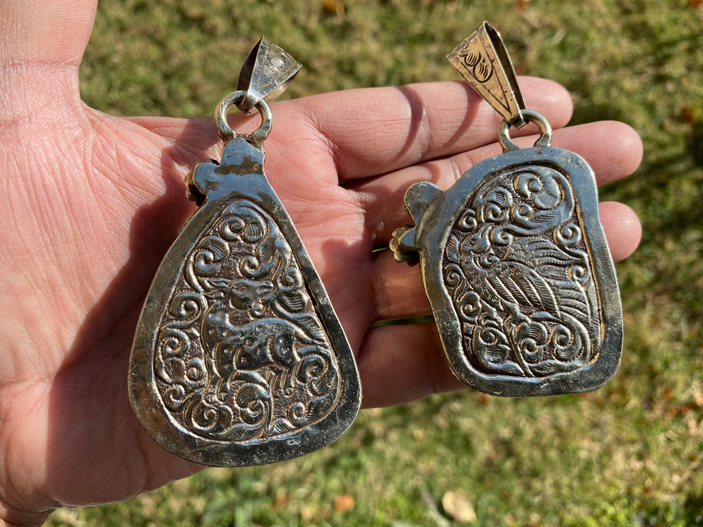 Large Dolomite Tibetan Silver Pendant with White Topaz Gemstone, Handcrafted Ethnic Hill Tribe Himalayan Jewelry, Large Bail, Animal Carving