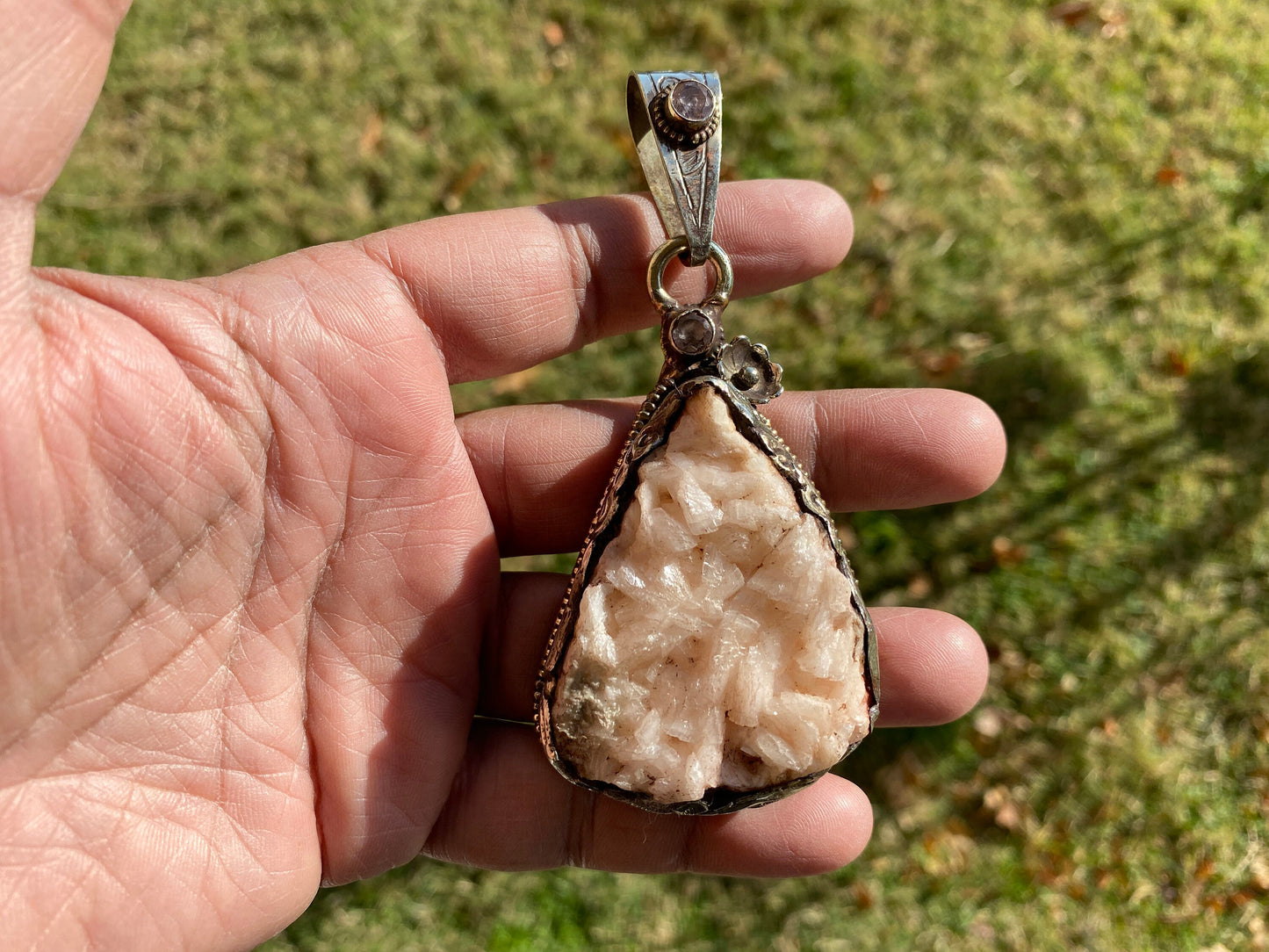 Large Dolomite Tibetan Silver Pendant with White Topaz Gemstone, Handcrafted Ethnic Hill Tribe Himalayan Jewelry, Large Bail, Animal Carving