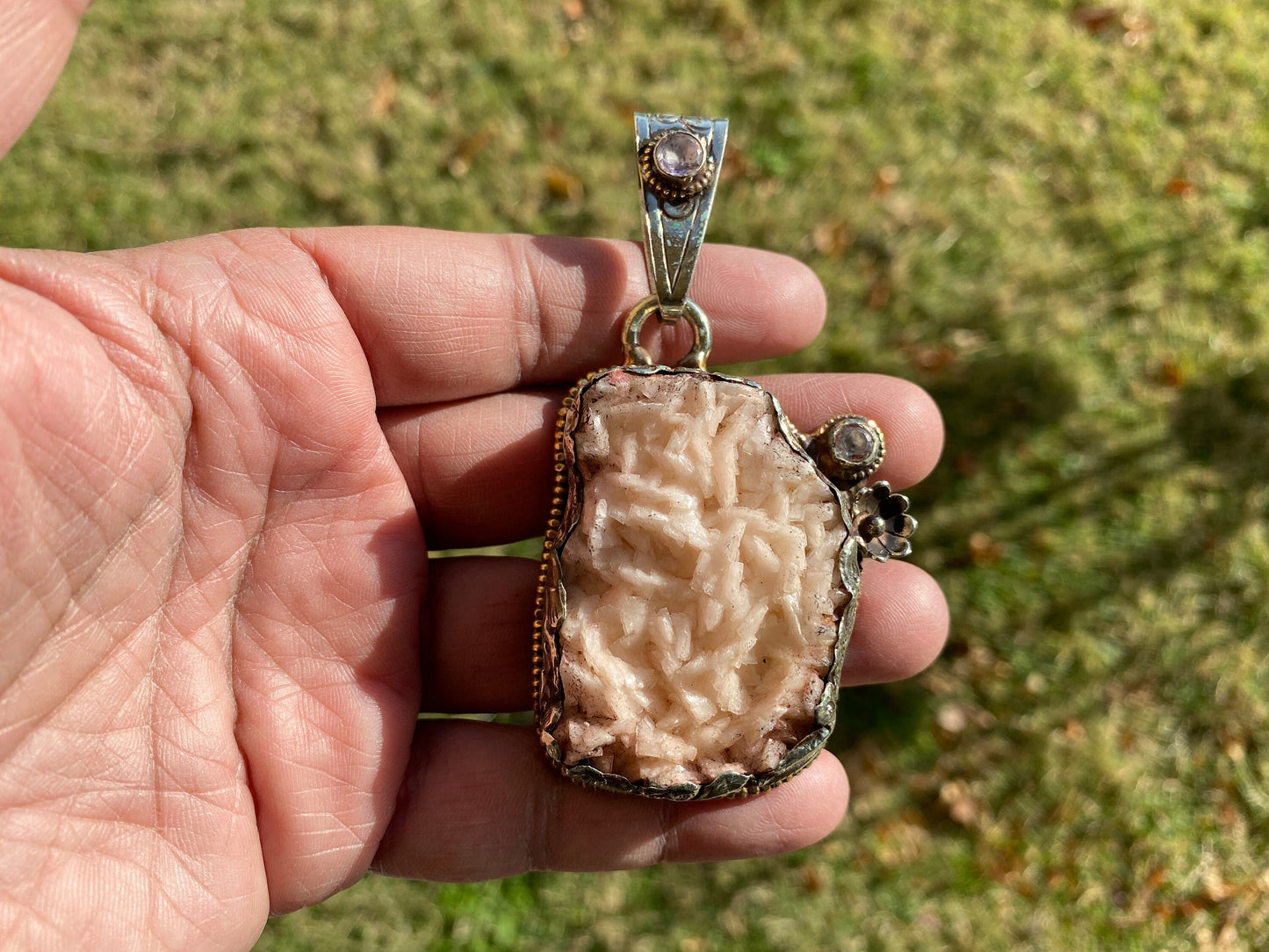 Large Dolomite Tibetan Silver Pendant with White Topaz Gemstone, Handcrafted Ethnic Hill Tribe Himalayan Jewelry, Large Bail, Animal Carving