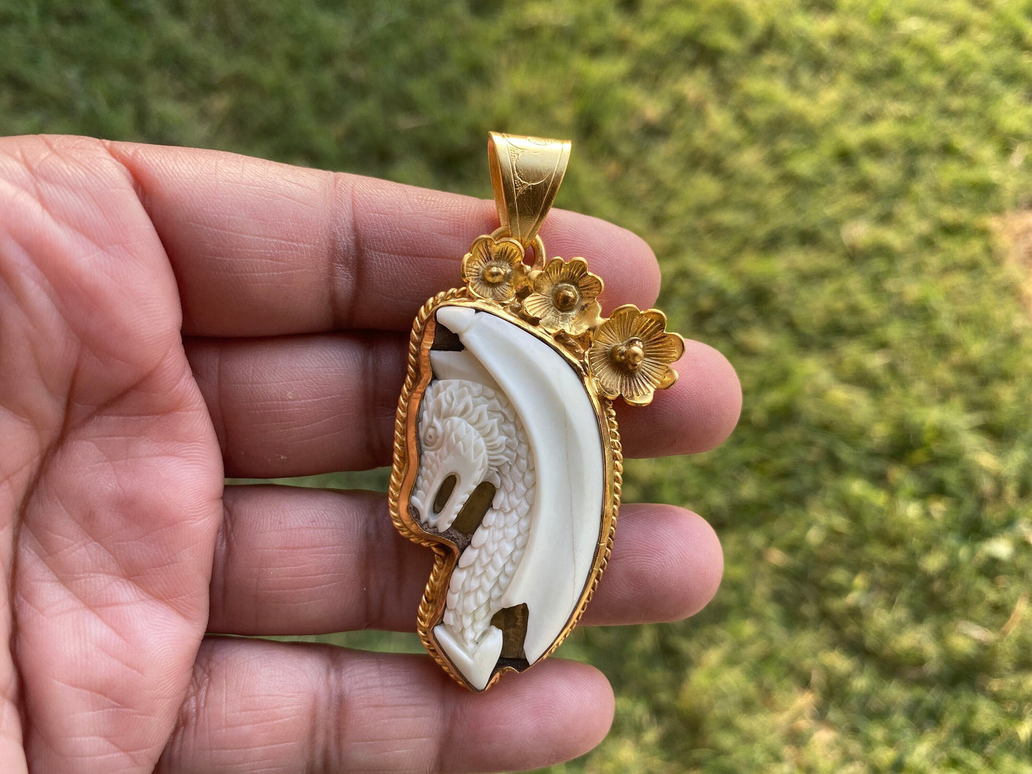 Large Dragon Carved Bone High Quality 18k Brushed Gold Overlay Non Tarnish Pendant, Tibetan Jewelry for Protection, Unisex Pendant, Unique
