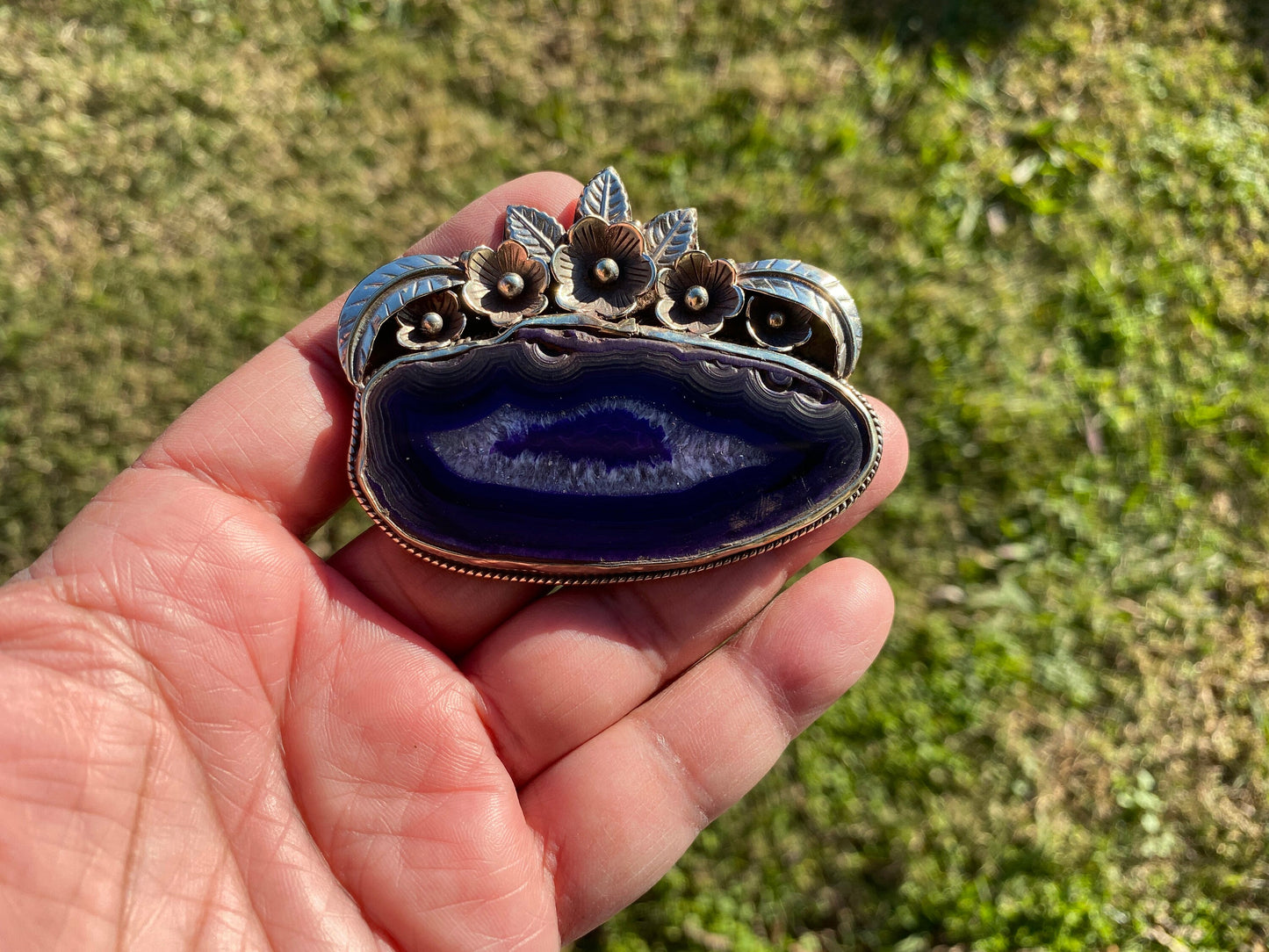 Large Druzy Slice Agate Tibetan Silver Pendant, Natural Stone, Flower Designs Pendant For Necklace, Ethnic Jewelry, Colorful Agate Slices