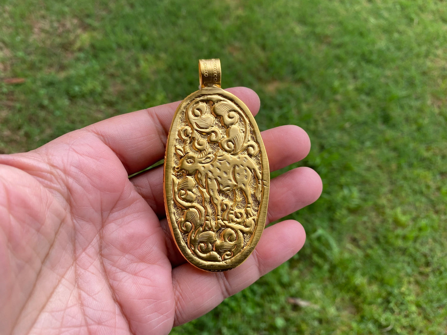 Large Eagle Carved Bone Pendant, 18K Brushed Gold Overlay Non Tarnish Unisex Pendant, Tribal Jewelry, Himalayan Jewelry, Carved Animal, Boho