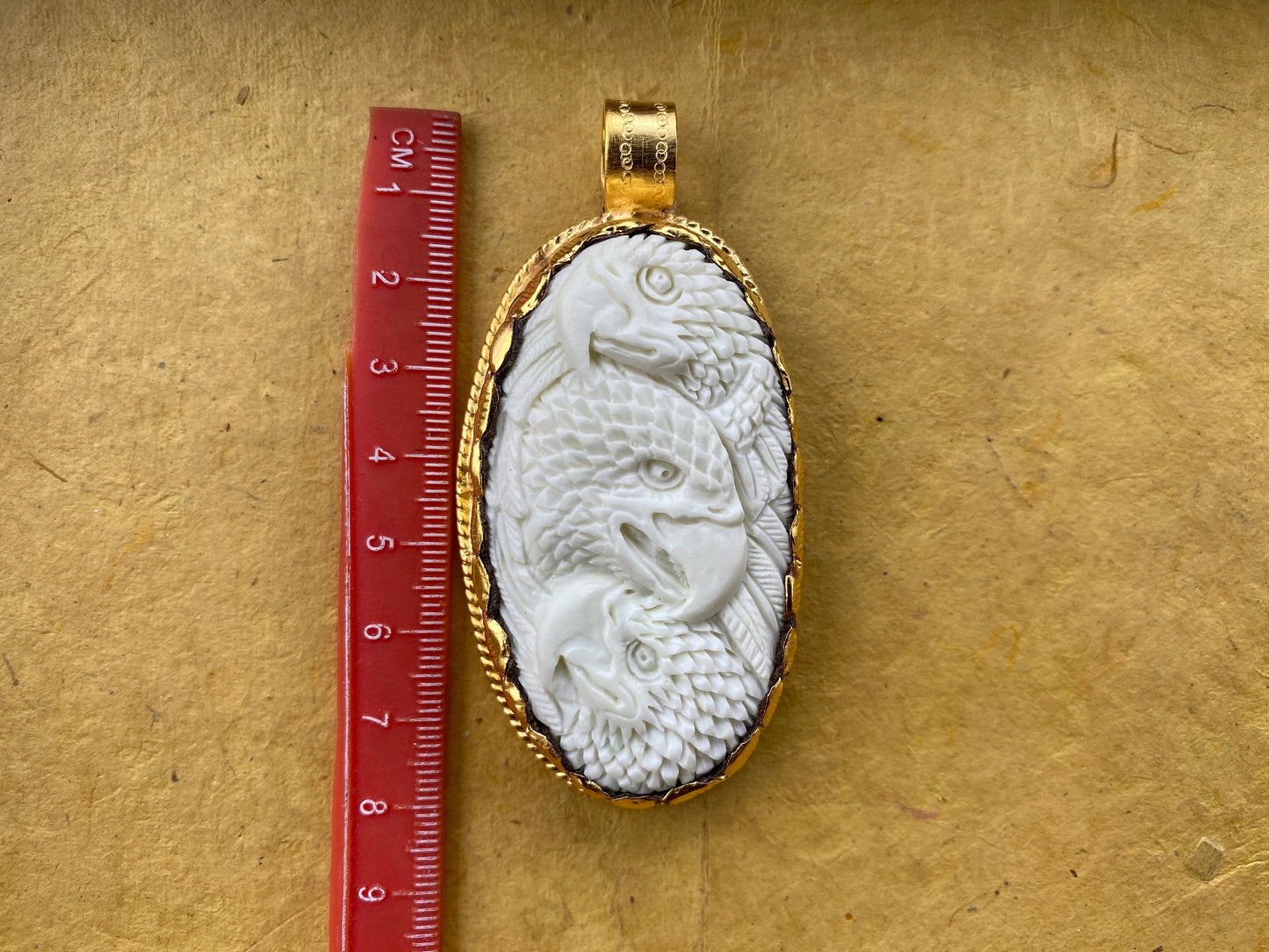 Large Eagle Carved Bone Pendant, 18K Brushed Gold Overlay Non Tarnish Unisex Pendant, Tribal Jewelry, Himalayan Jewelry, Carved Animal, Boho
