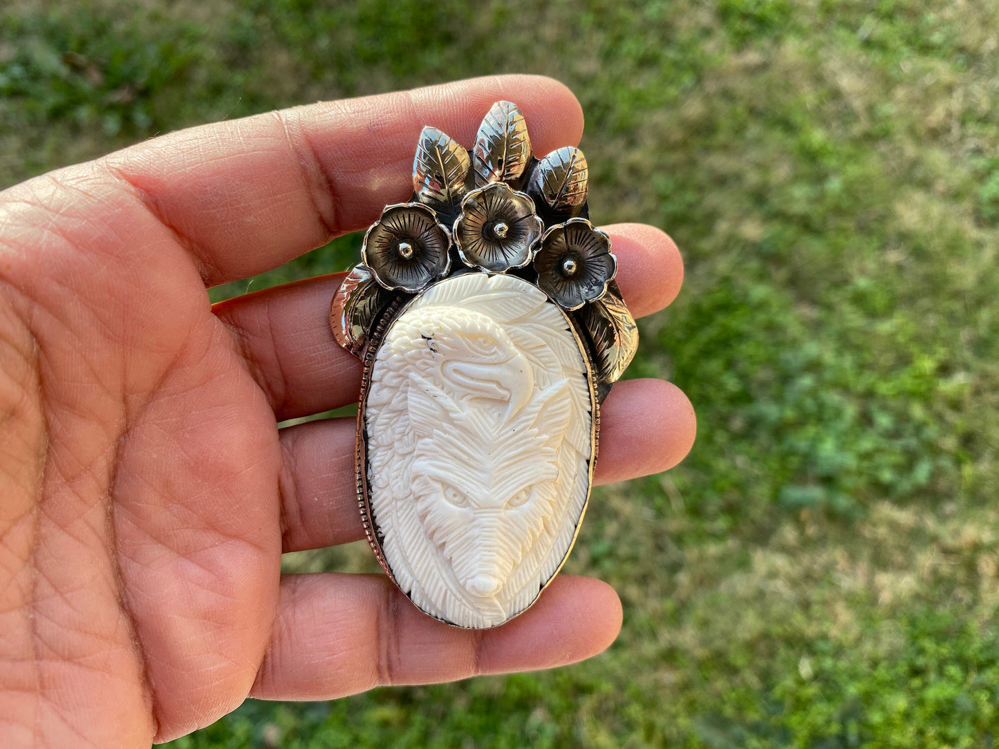 Large Eagle with Fox Hand Carved Buffalo Bone Tibetan Silver Pendant, Repousse Silver, Jewelry for Men or Women, Ethnic Jewelry, Bone Locket