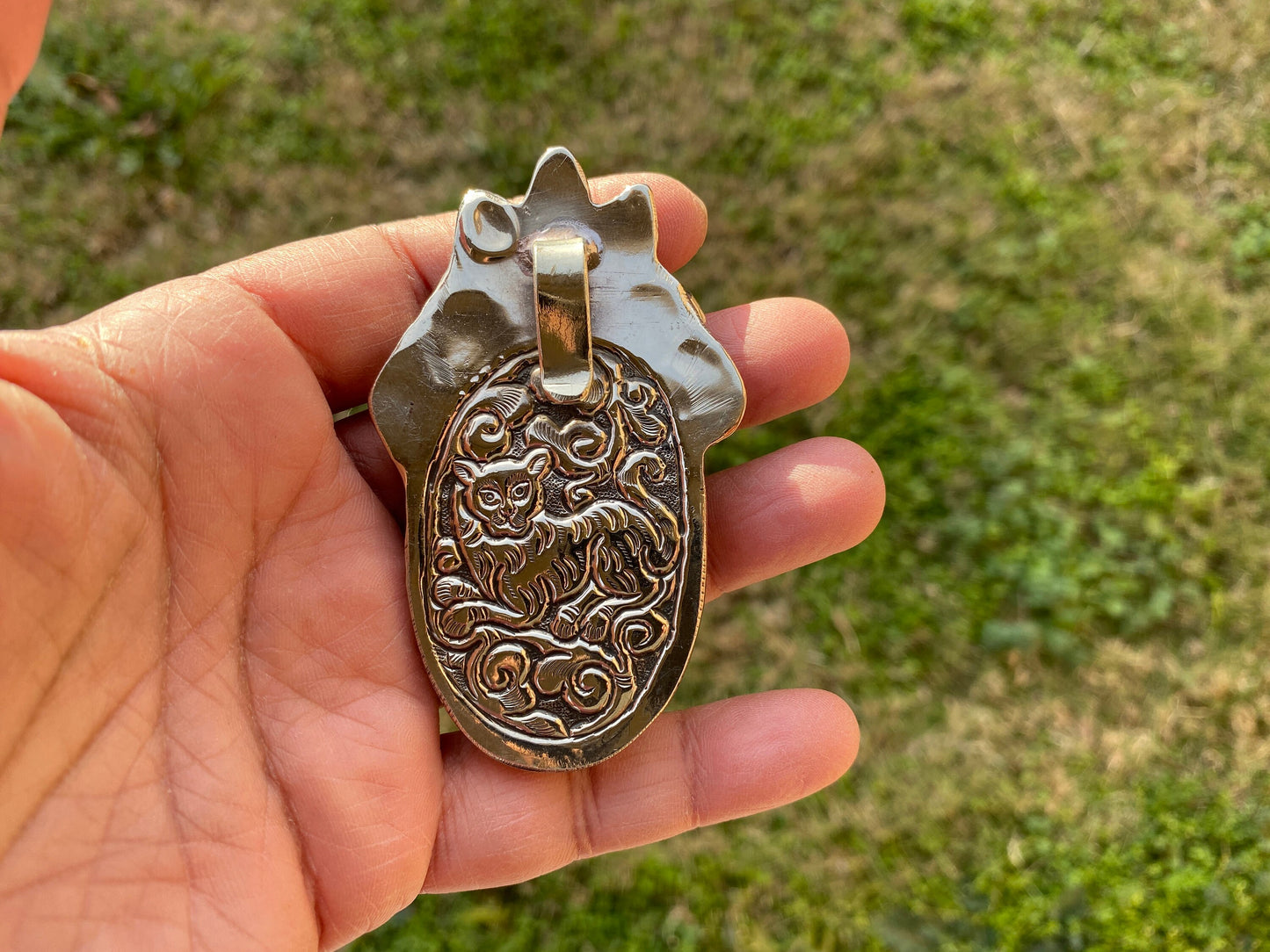 Large Eagle with Fox Hand Carved Buffalo Bone Tibetan Silver Pendant, Repousse Silver, Jewelry for Men or Women, Ethnic Jewelry, Bone Locket