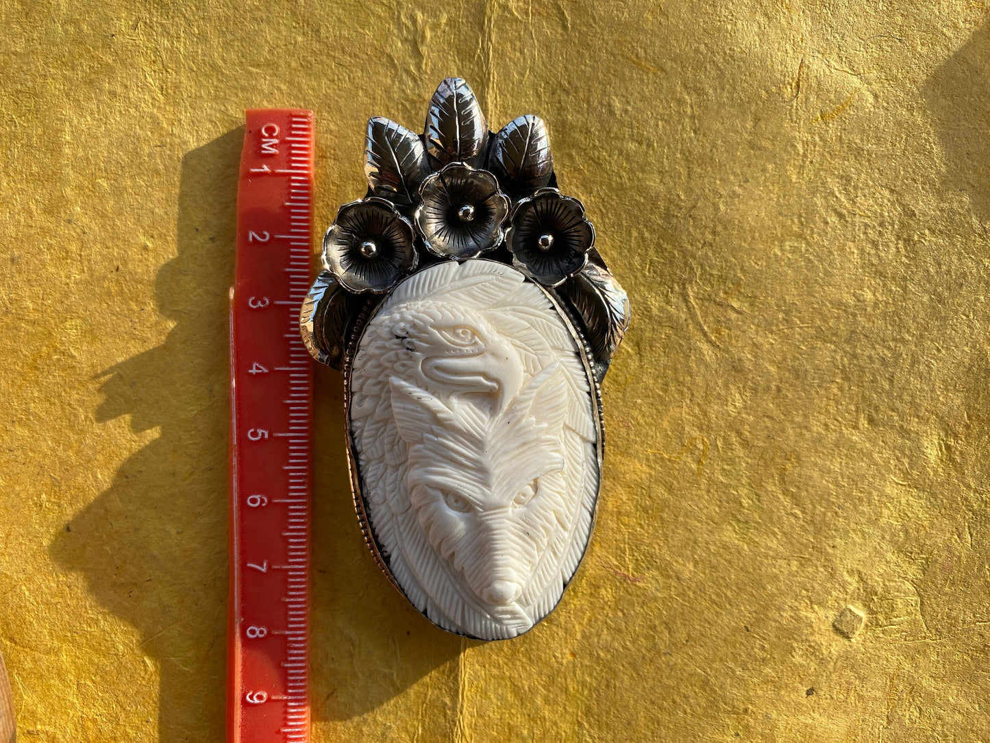 Large Eagle with Fox Hand Carved Buffalo Bone Tibetan Silver Pendant, Repousse Silver, Jewelry for Men or Women, Ethnic Jewelry, Bone Locket