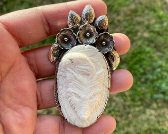 Large Eagle with Fox Hand Carved Buffalo Bone Tibetan Silver Pendant, Repousse Silver, Jewelry for Men or Women, Ethnic Jewelry, Bone Locket