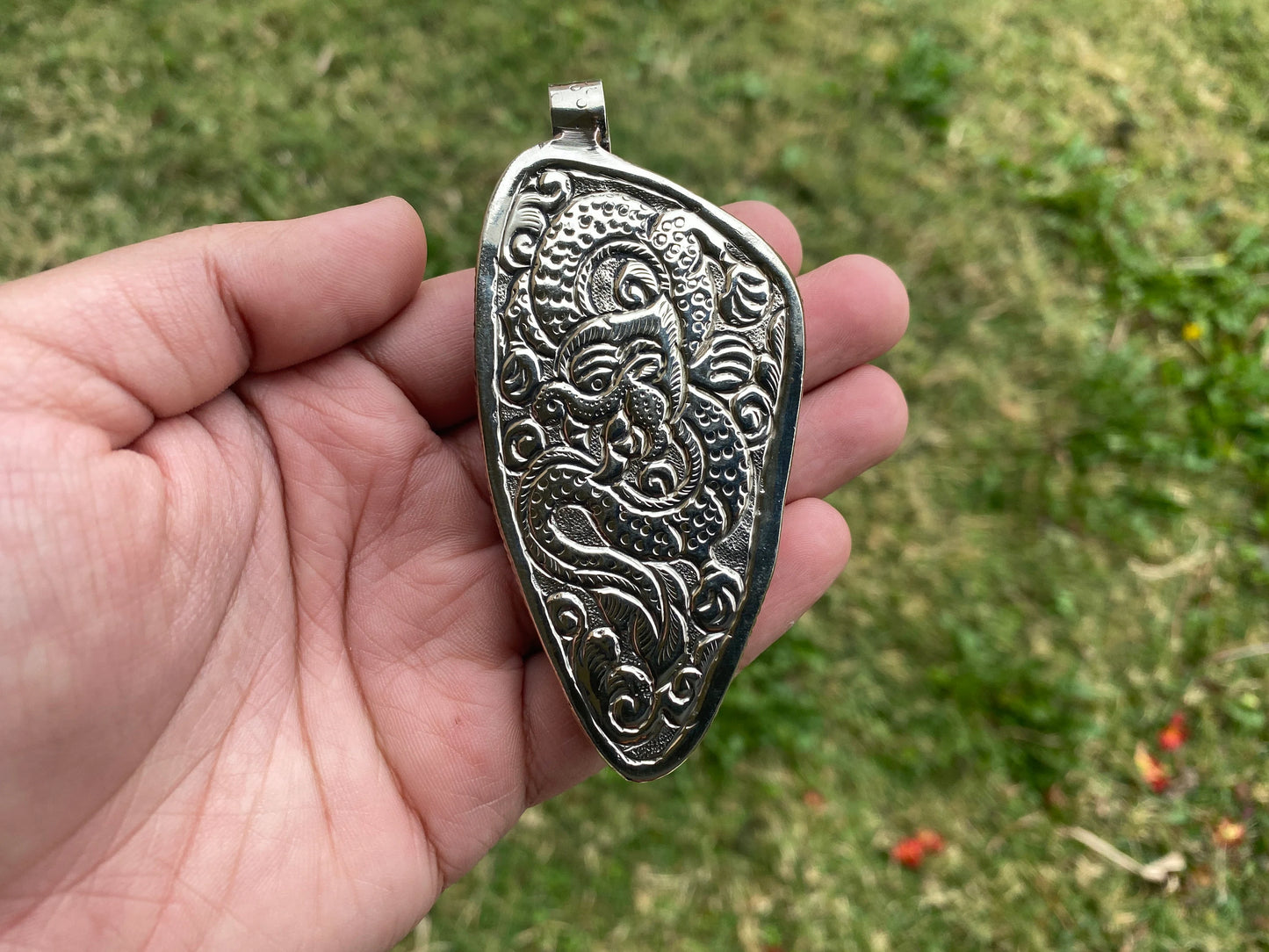 Large Eagle with Skull Bone Carved Tibetan Silver Pendant, Bird Carrying Skull Jewelry, Viking Jewelry, Feathered Eagle, Big Bone Pendant