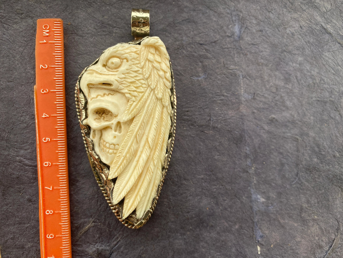 Large Eagle with Skull Bone Carved Tibetan Silver Pendant, Bird Carrying Skull Jewelry, Viking Jewelry, Feathered Eagle, Big Bone Pendant