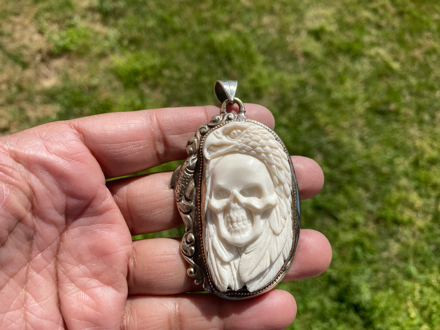 Large Eagle with Skull Carved Buffalo Bone Tibetan Silver Pendant, Unisex Skull Pendant, Jewelry for Men or Women, Sugar Skull, Skeleton