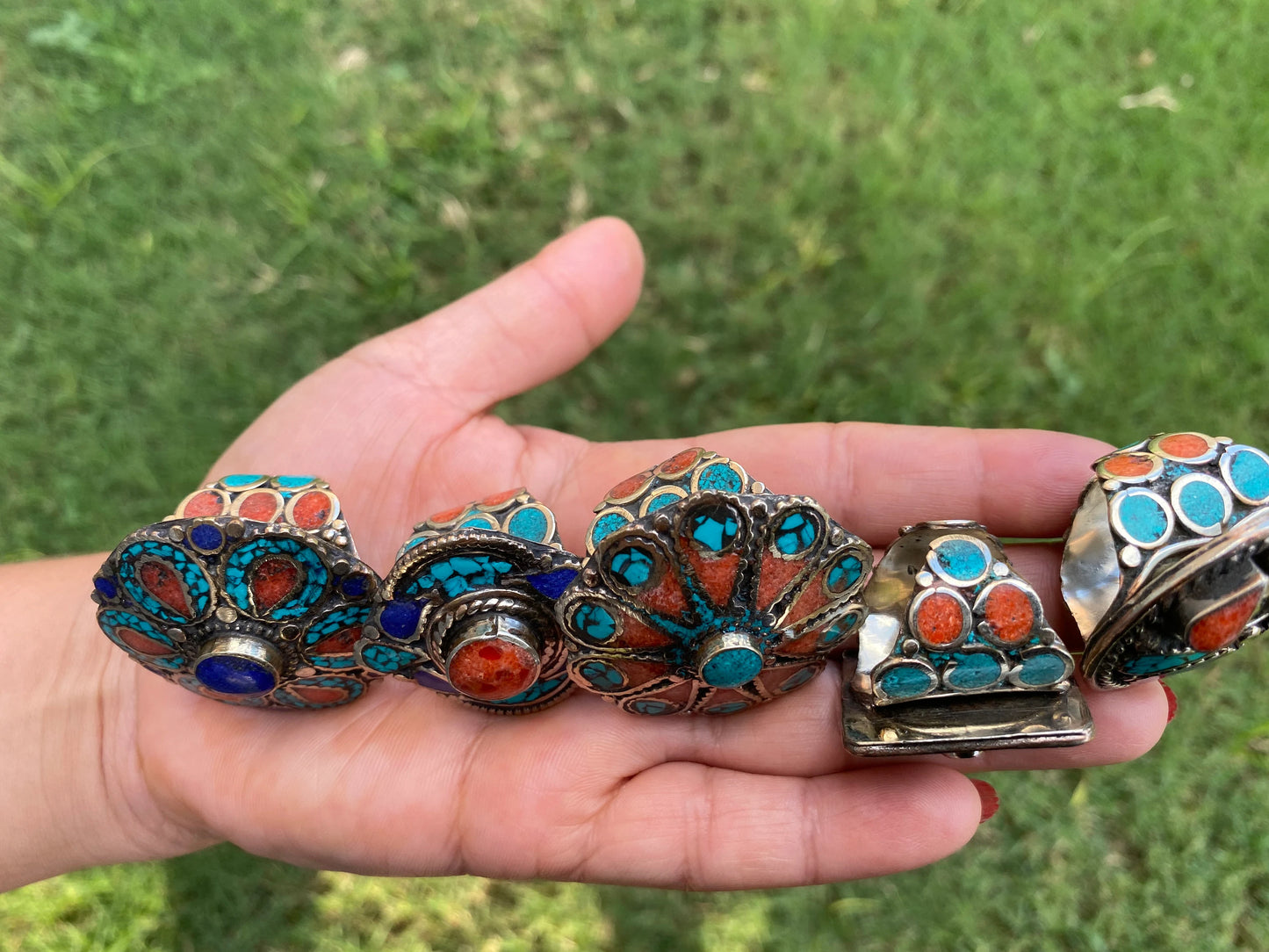 Large Ethnic Adjustable Tibetan Silver Ring, Turquoise, Coral & Lapis Inlay Ring, Statement Ring, Women Ring, Bohemian Hill Tribe Jewelry