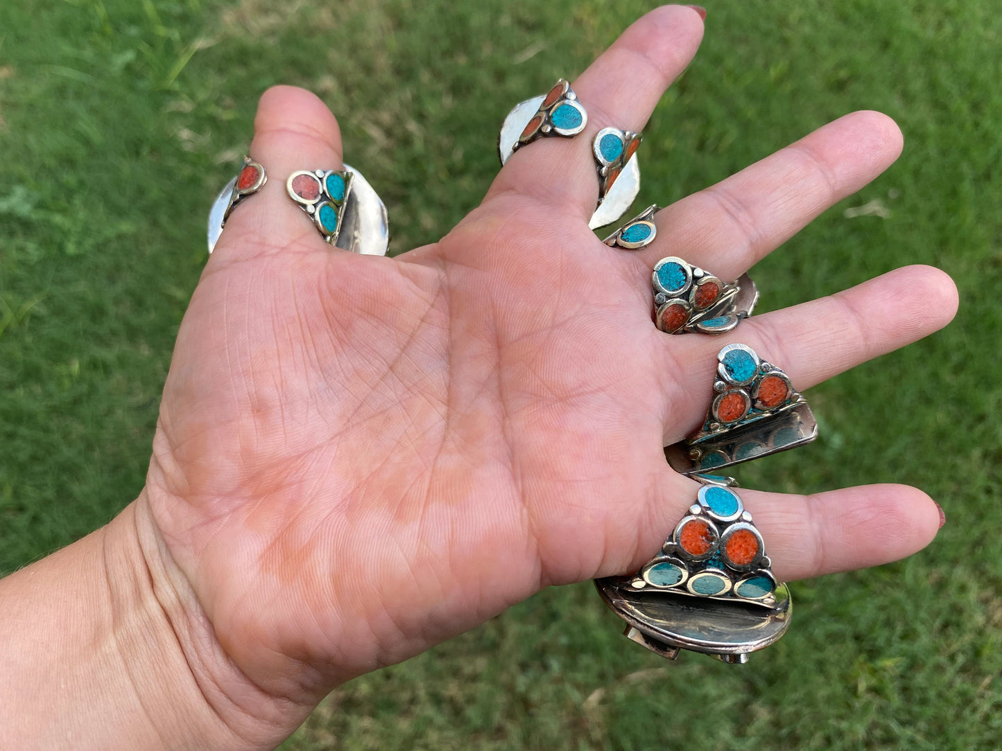 Large Ethnic Adjustable Tibetan Silver Ring, Turquoise, Coral & Lapis Inlay Ring, Statement Ring, Women Ring, Bohemian Hill Tribe Jewelry