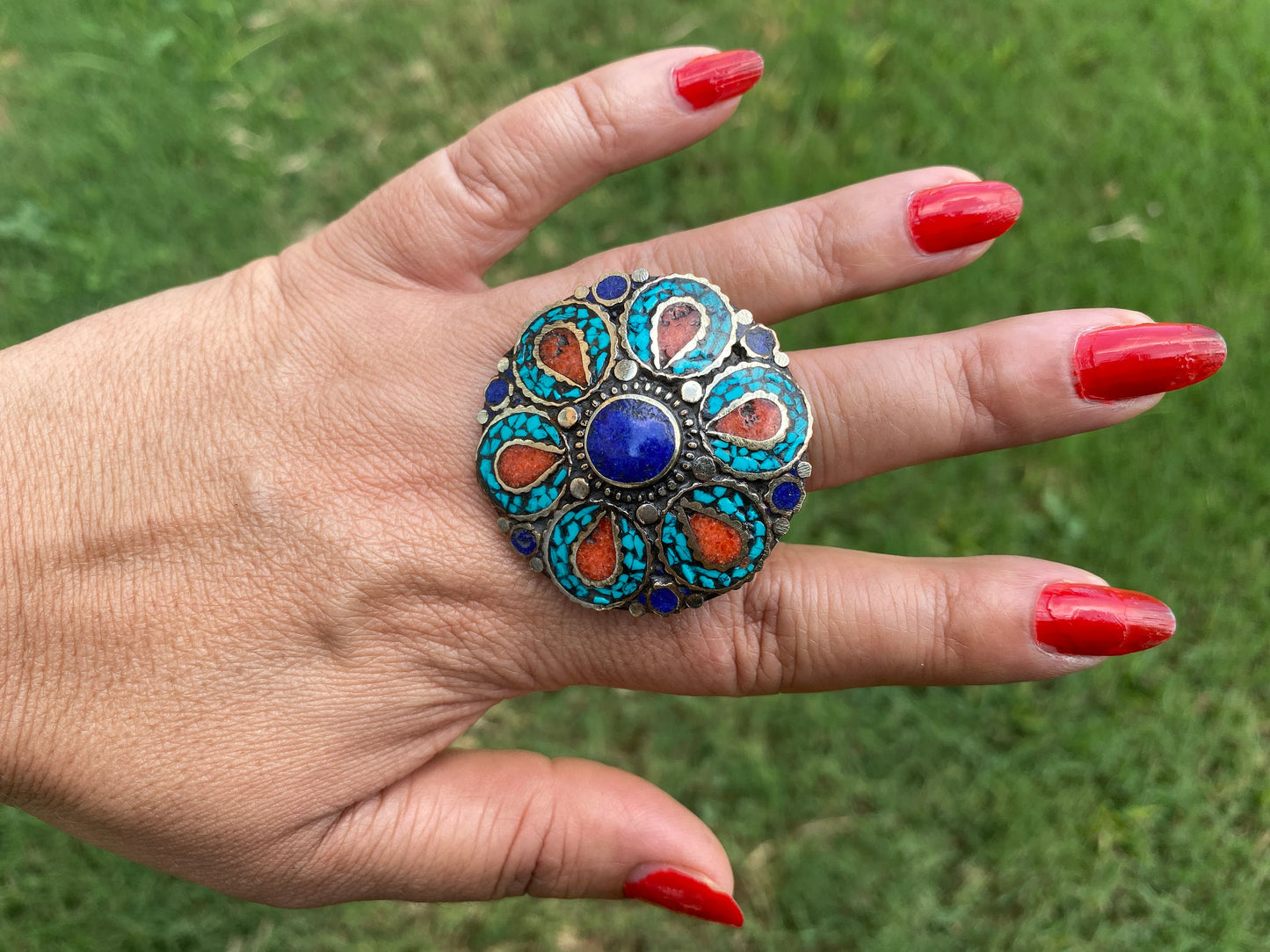 Large Ethnic Adjustable Tibetan Silver Ring, Turquoise, Coral & Lapis Inlay Ring, Statement Ring, Women Ring, Bohemian Hill Tribe Jewelry