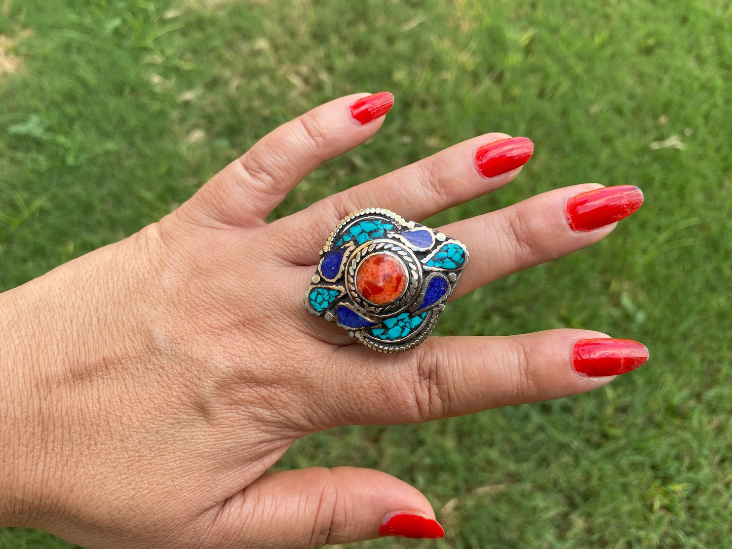 Large Ethnic Adjustable Tibetan Silver Ring, Turquoise, Coral & Lapis Inlay Ring, Statement Ring, Women Ring, Bohemian Hill Tribe Jewelry