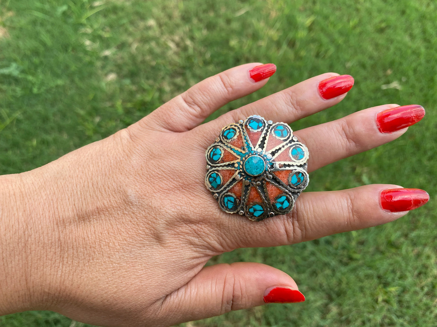 Large Ethnic Adjustable Tibetan Silver Ring, Turquoise, Coral & Lapis Inlay Ring, Statement Ring, Women Ring, Bohemian Hill Tribe Jewelry