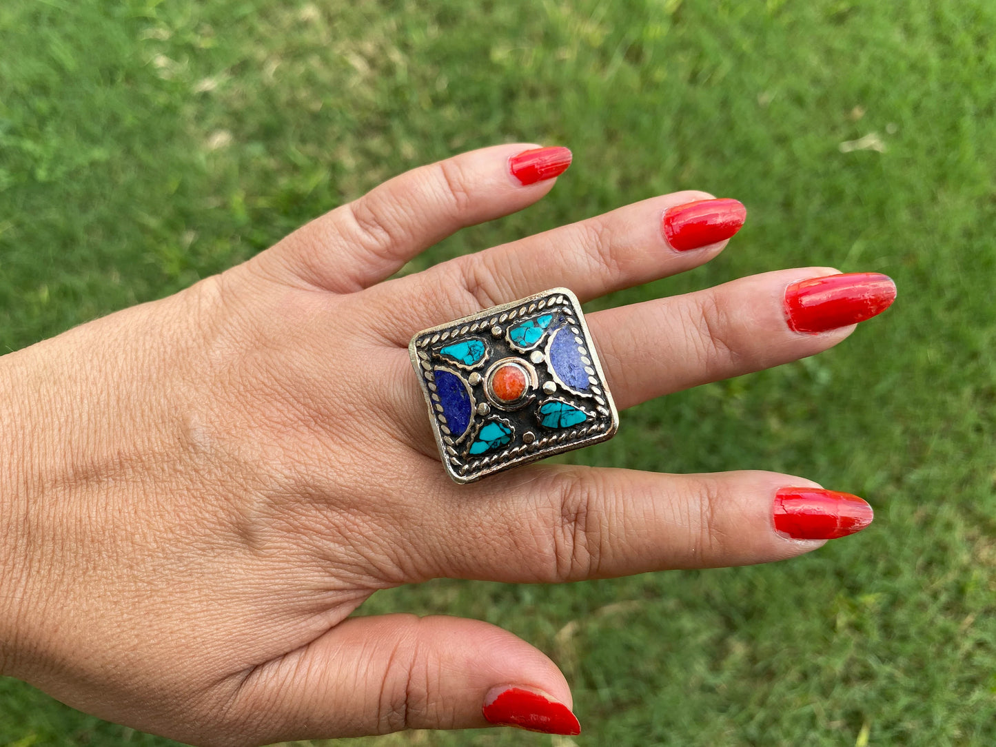 Large Ethnic Adjustable Tibetan Silver Ring, Turquoise, Coral & Lapis Inlay Ring, Statement Ring, Women Ring, Bohemian Hill Tribe Jewelry