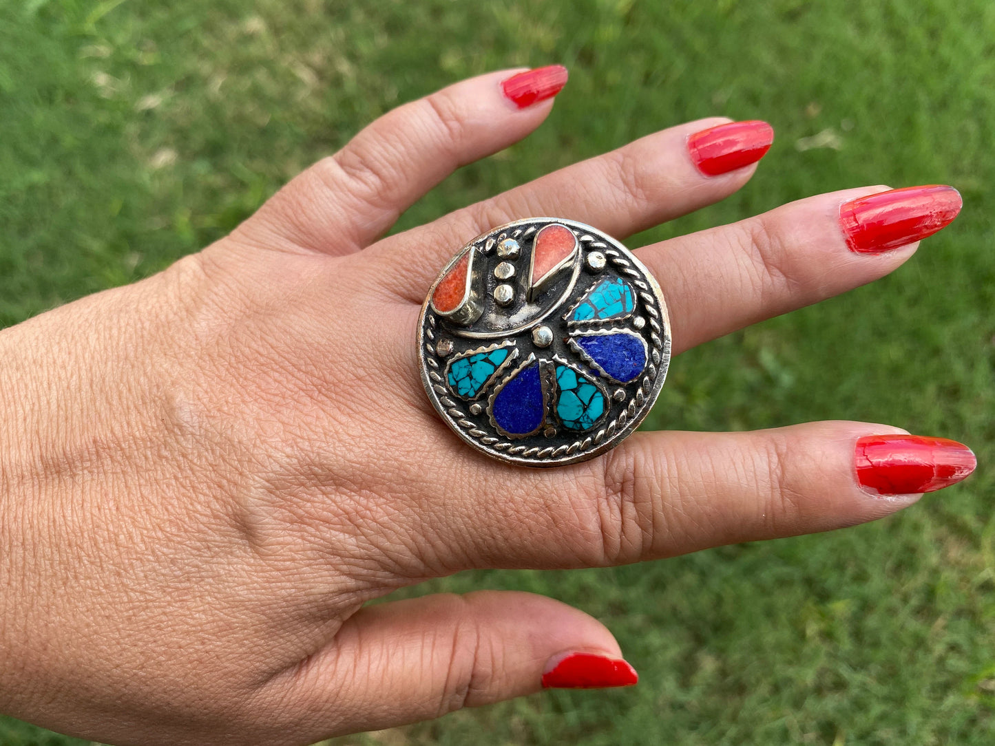 Large Ethnic Adjustable Tibetan Silver Ring, Turquoise, Coral & Lapis Inlay Ring, Statement Ring, Women Ring, Bohemian Hill Tribe Jewelry