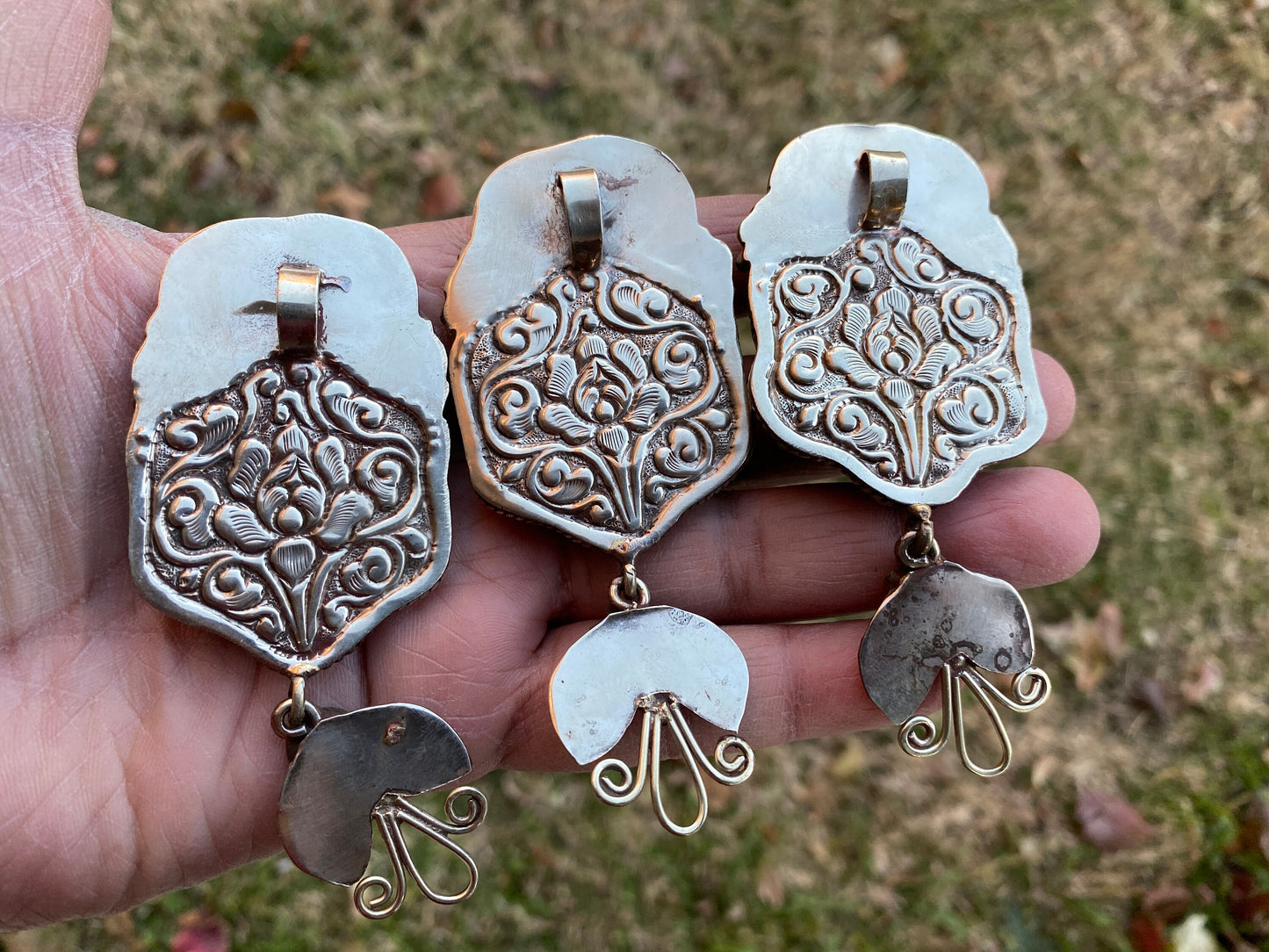 Large Flower Carved Carnelian Natural Stone Tibetan Silver Pendant, Unique Design, Himalayan Jewelry, Ethnic Jewelry for Women, Lotus Flower