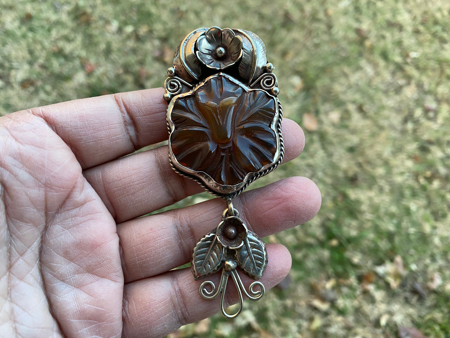Large Flower Carved Carnelian Natural Stone Tibetan Silver Pendant, Unique Design, Himalayan Jewelry, Ethnic Jewelry for Women, Lotus Flower
